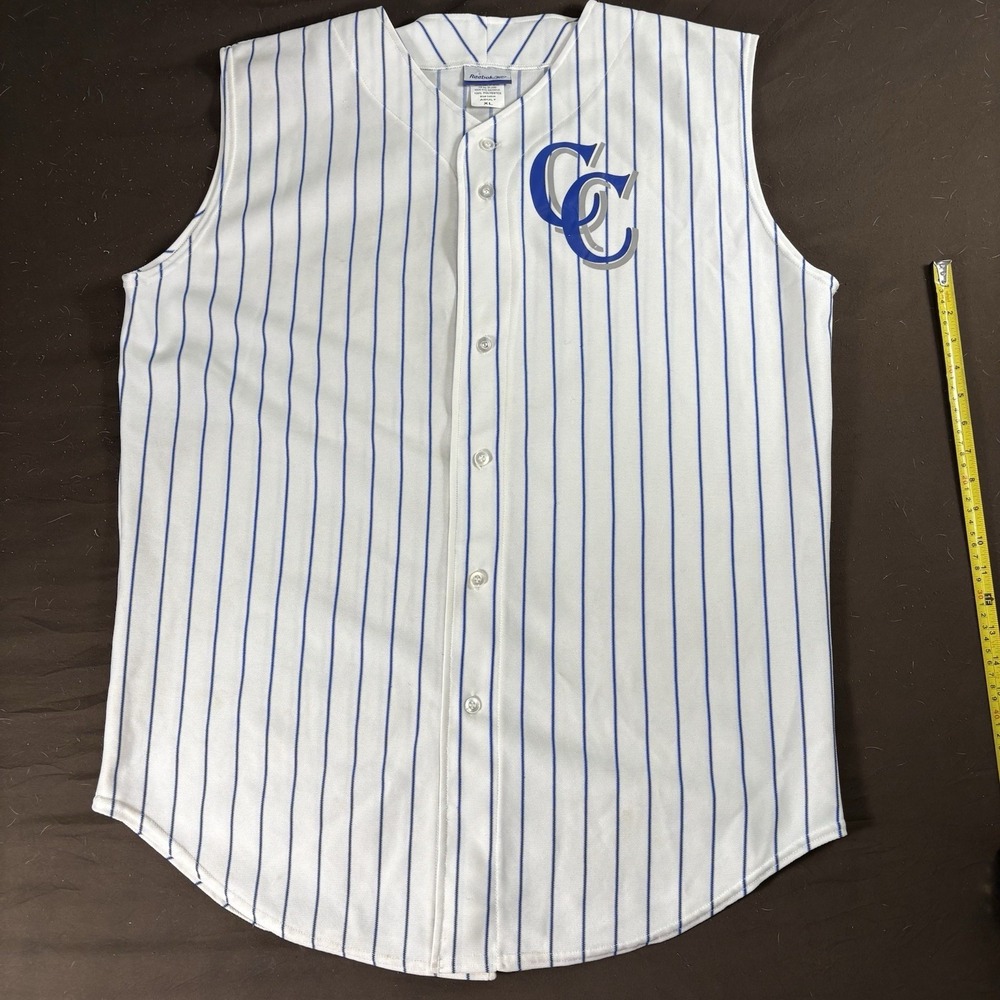 Y2K Reebok Sleeveless Baseball Jersey XL White Blue Pinstripe Button Up VTG